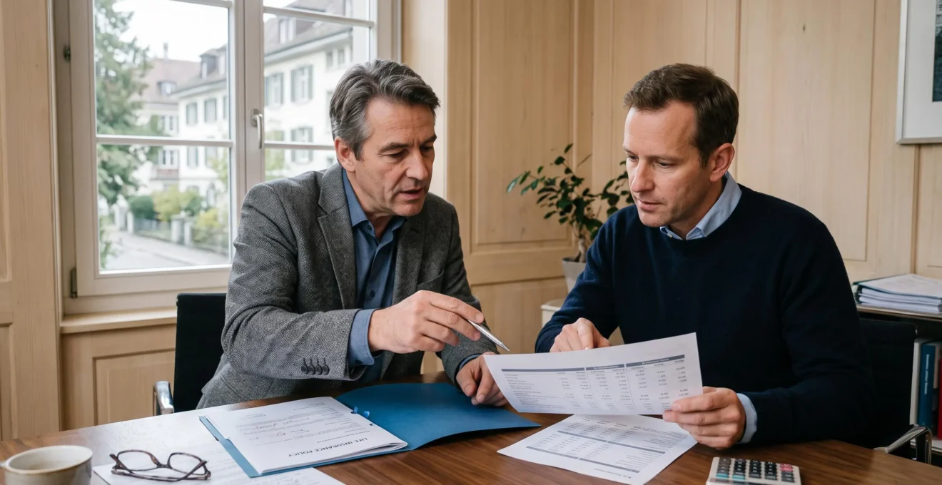 Un client et un conseiller examinent ensemble un contrat d'assurance vie ouvert sur une table dans un bureau suisse.