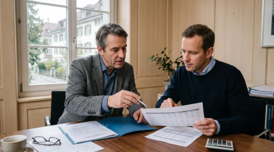 Un client et un conseiller examinent ensemble un contrat d'assurance vie ouvert sur une table dans un bureau suisse.
