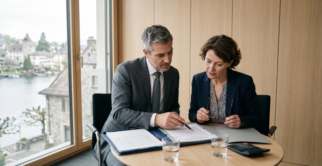 Un conseiller et une cliente examinent ensemble un contrat d'assurance vie posé sur une table de réunion dans un bureau suisse.