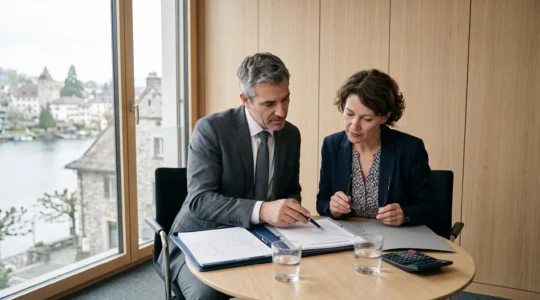 Un conseiller et une cliente examinent ensemble un contrat d'assurance vie posé sur une table de réunion dans un bureau suisse.