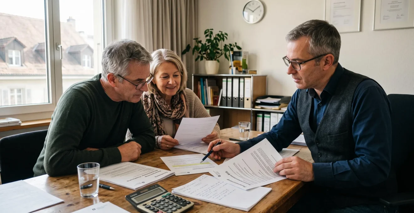 Un conseiller explique à un couple des documents de prévoyance et d'assurance posés sur une table, en pointant une ligne du contrat avec un stylo.