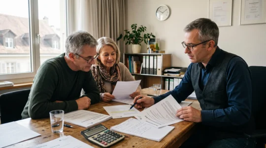 Un conseiller explique à un couple des documents de prévoyance et d'assurance posés sur une table, en pointant une ligne du contrat avec un stylo.