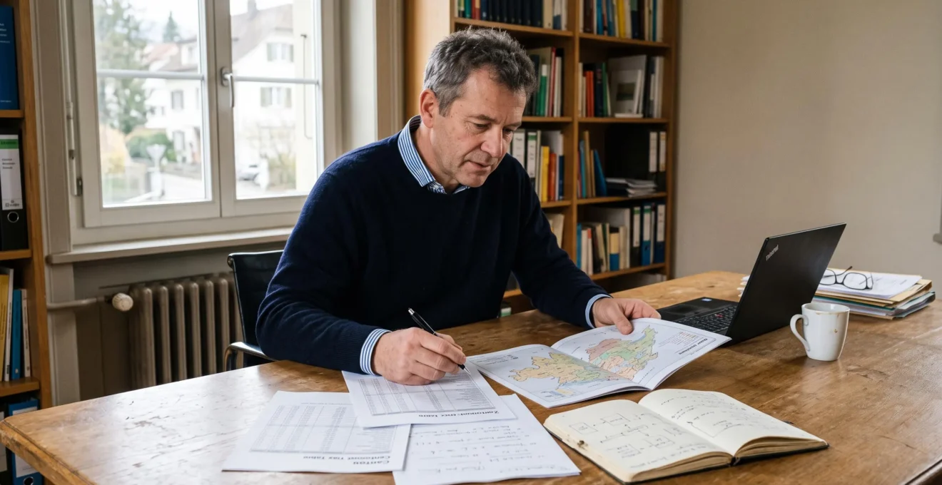 Un conseiller patrimonial suisse compare des tableaux fiscaux cantonaux et une carte annotée sur son bureau.