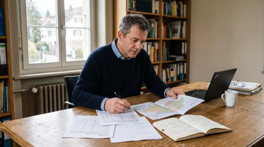 Un conseiller patrimonial suisse compare des tableaux fiscaux cantonaux et une carte annotée sur son bureau.