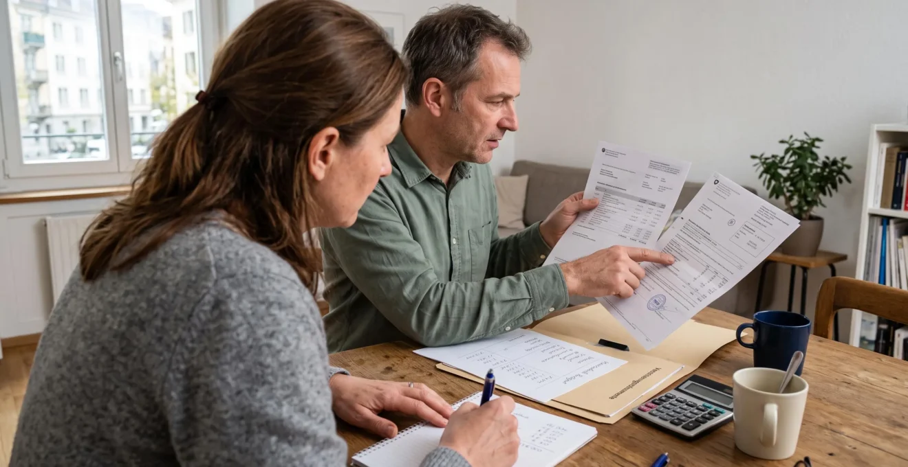 Un couple assis à une table en bois compare des documents de prévoyance et un relevé bancaire tout en notant des chiffres dans un carnet.