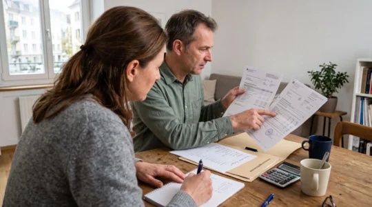 Un couple assis à une table en bois compare des documents de prévoyance et un relevé bancaire tout en notant des chiffres dans un carnet.