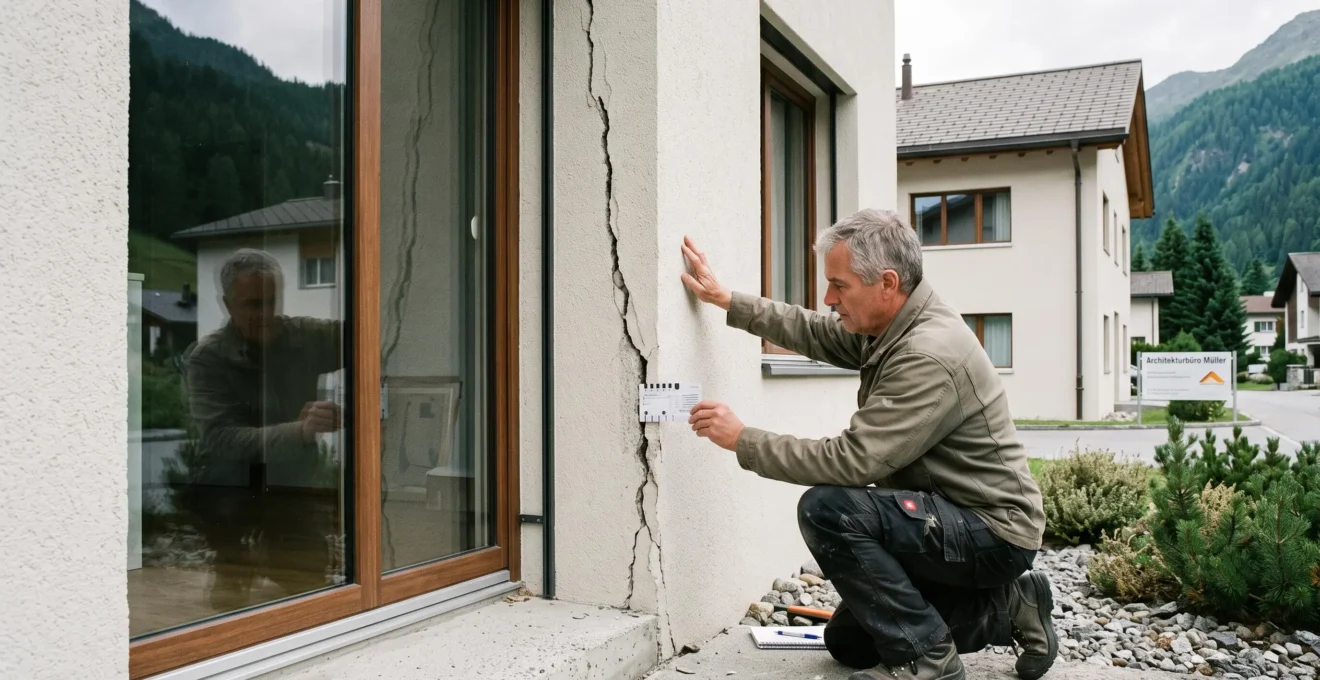 Un expert examine une large fissure verticale sur la façade d'un bâtiment résidentiel à l'aide d'une jauge de mesure.