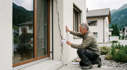 Un expert examine une large fissure verticale sur la façade d'un bâtiment résidentiel à l'aide d'une jauge de mesure.