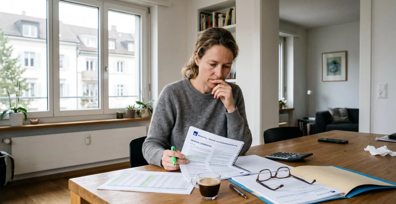 Une femme compare des documents d'assurance santé à sa table avec un surligneur et une calculatrice.