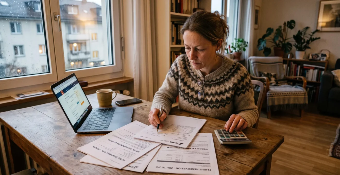 Une femme compare des confirmations de réservation de voyage et un calculateur à sa table pour estimer la somme exposée aux imprévus.