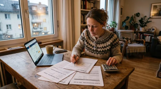Une femme compare des confirmations de réservation de voyage et un calculateur à sa table pour estimer la somme exposée aux imprévus.